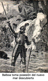 Vasco Núñez de Balboa taking possession of the Pacific Ocean