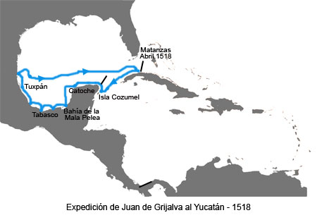 Inicios de la Conquista de México - Mapa de la expedición de Juan de Grijalva