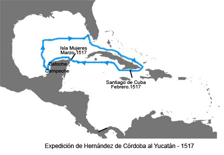 Inicios de la Conquista de México - Mapa de la expedición de Hernández de Córdoba