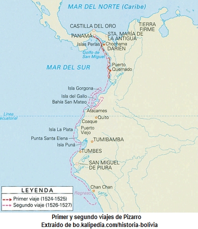 Mapa de los dos primeros viajes de Pizarro hacia el Perú