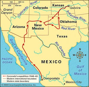 Mapa de la ruta de Francisco Vázquez de Coronado por el sur de los Estados Unidos