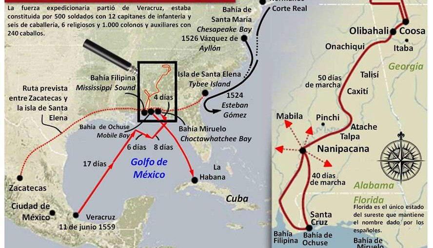 Mapa de la expedición de Tristán de Luna