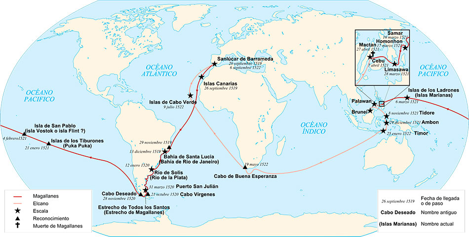 Mapa de la ruta de la expedición de Magellan y Juan Sebastián Elcano