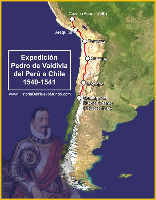 Route followed by Pedro de Valdivia's expedition on its journey from Cuzco to the area where Santiago del Nuevo Extremo was to be founded.